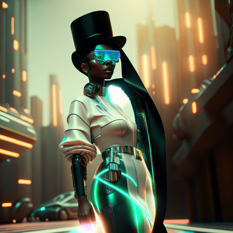 Futuristic woman in neon-lit attire and top hat in glowing cityscape