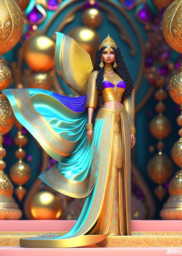 Regal woman in gold and blue traditional attire exudes elegance and authority