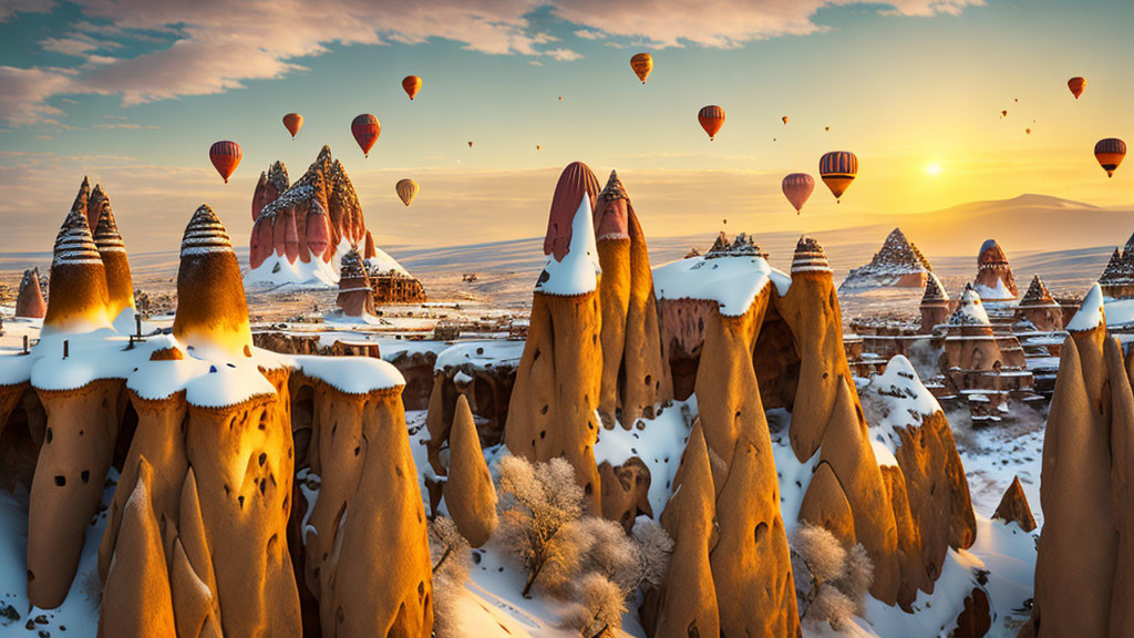 Snowy landscape at sunrise with rock formations and hot air balloons