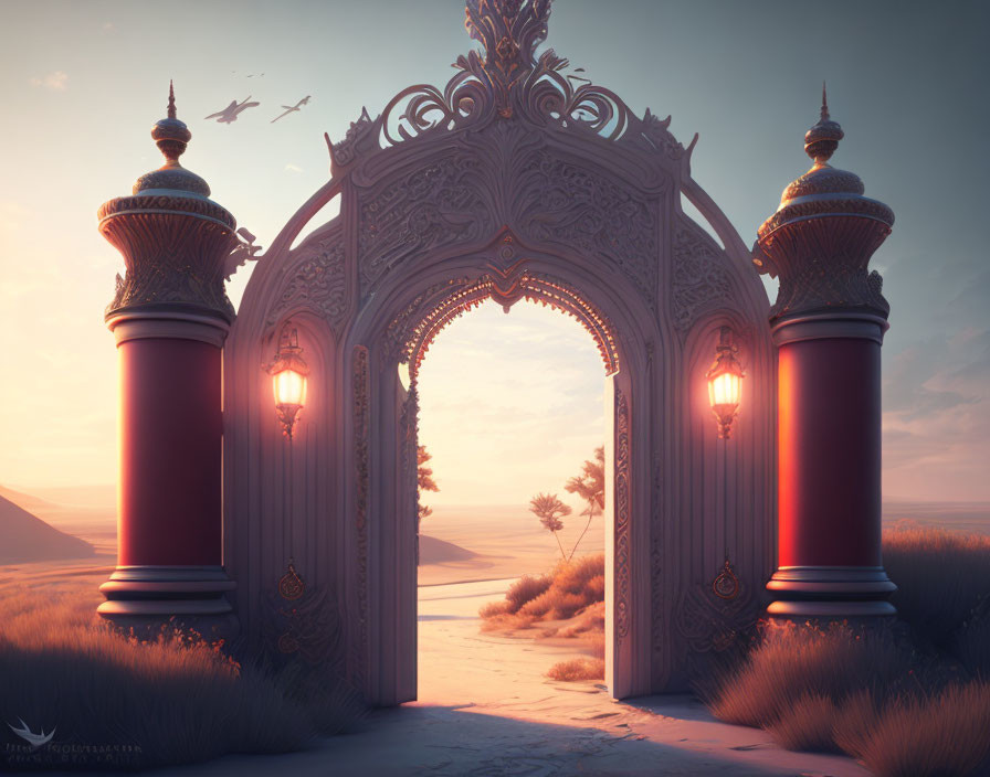 Ornate open gateway in desert landscape at sunset with intricate patterns