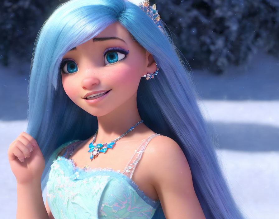 Blue-haired animated character in sparkling dress on snowy backdrop