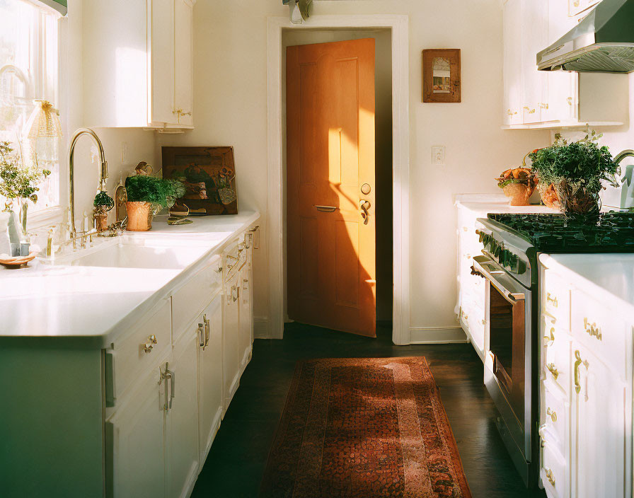 Bright Cozy Kitchen Interior with White Cabinets and Vintage Appliances