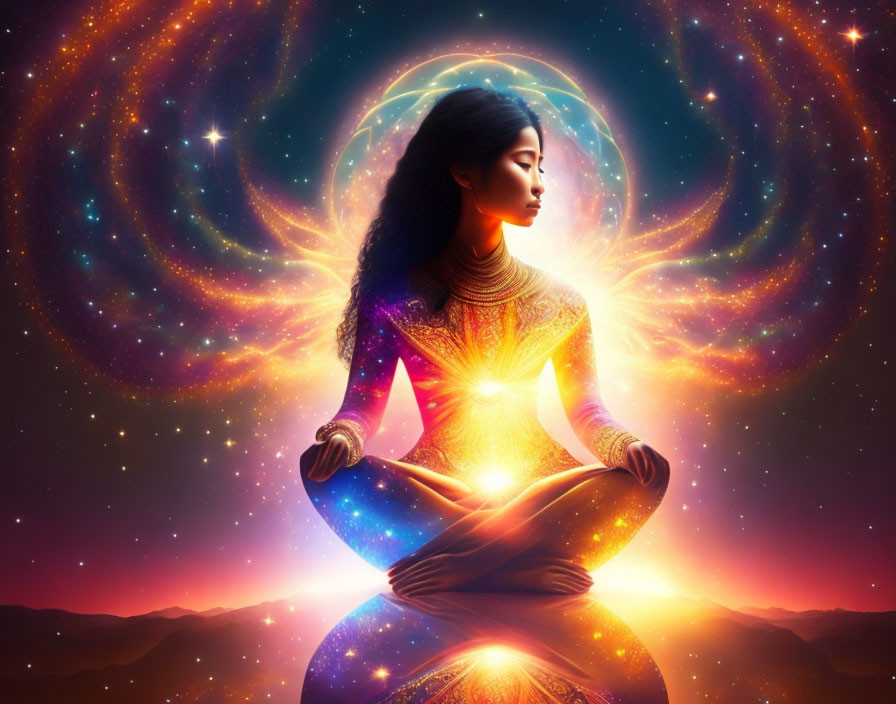 Meditative woman surrounded by cosmic elements and vibrant colors