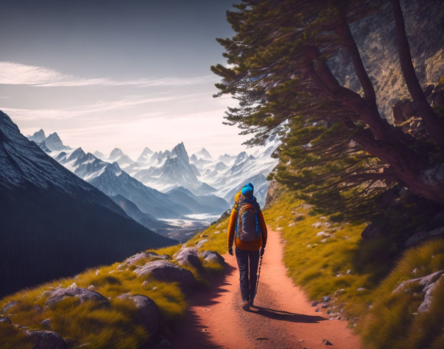 Hiker on Mountain Trail Amid Tall Pine Trees and Sharp Peaks