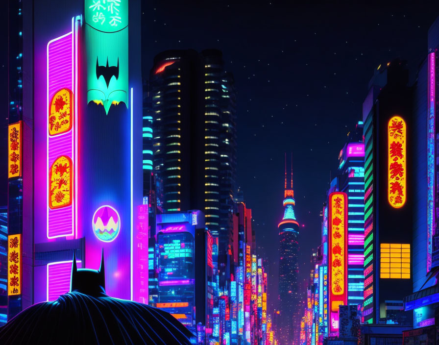 City skyline at night with neon signs and Batman silhouette among skyscrapers