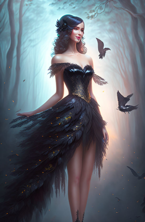 Illustrated woman in elegant black gown in misty forest with flying birds.