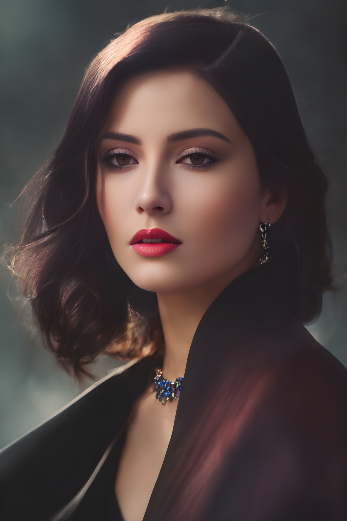 Portrait of woman with dark hair, red lipstick, elegant jewelry