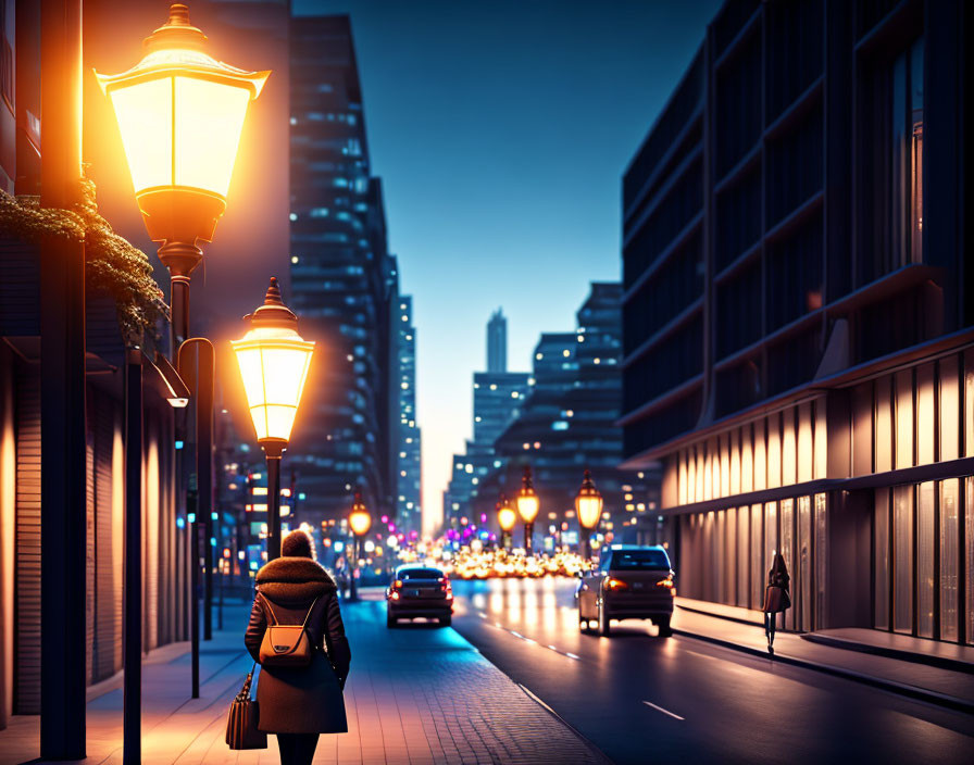 City street at night: Person walking under street lamps with cars and buildings