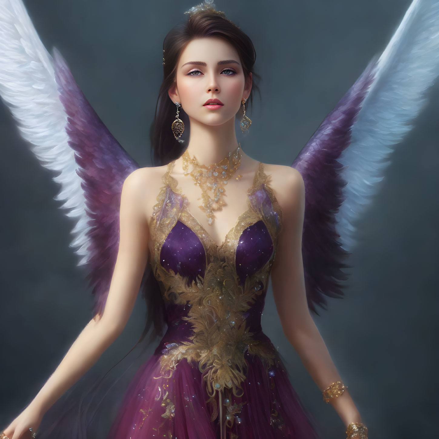 Digital artwork: Woman with angel wings in purple and gold gown.