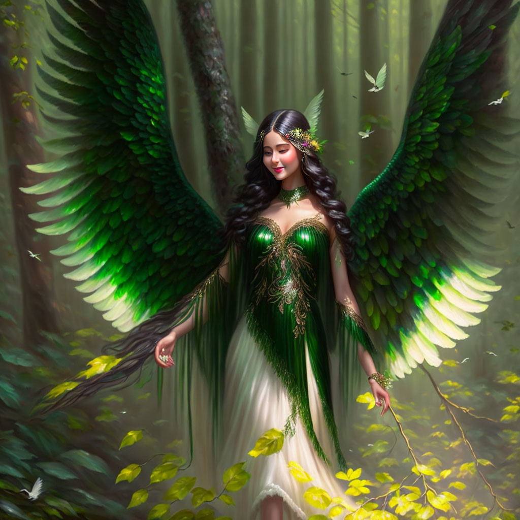 Fantasy illustration of woman with large green angelic wings in forest wearing white and green gown surrounded by