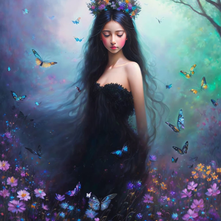 Woman in Black Dress Surrounded by Mystical Forest, Butterflies, and Blooming Flowers