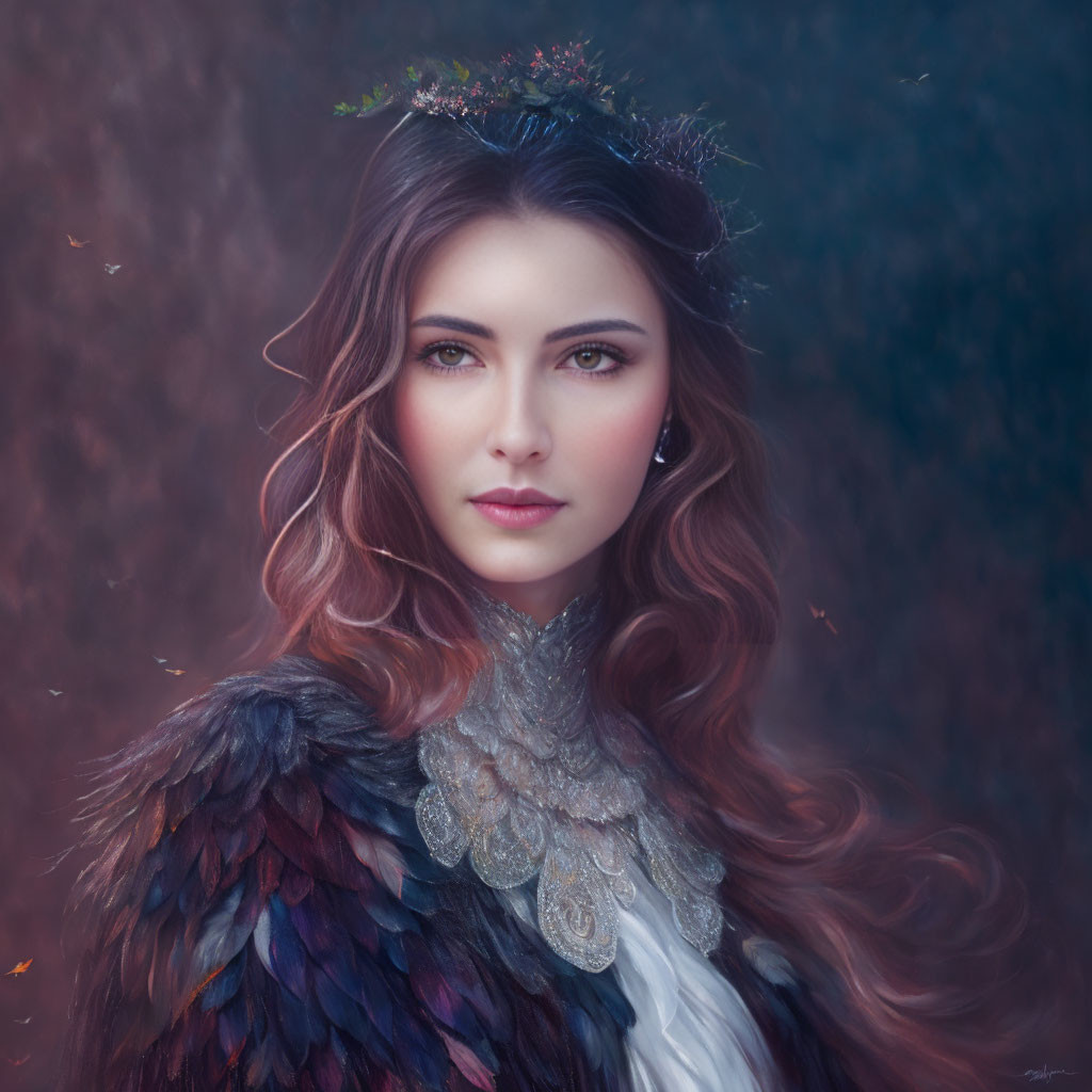 Woman in Feathered Cloak with Floral Crown and Intricate Jewelry on Mystical Background