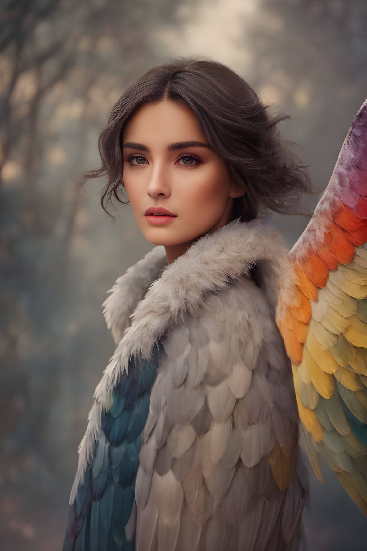 Pensive woman with colorful feathered wings in nature.