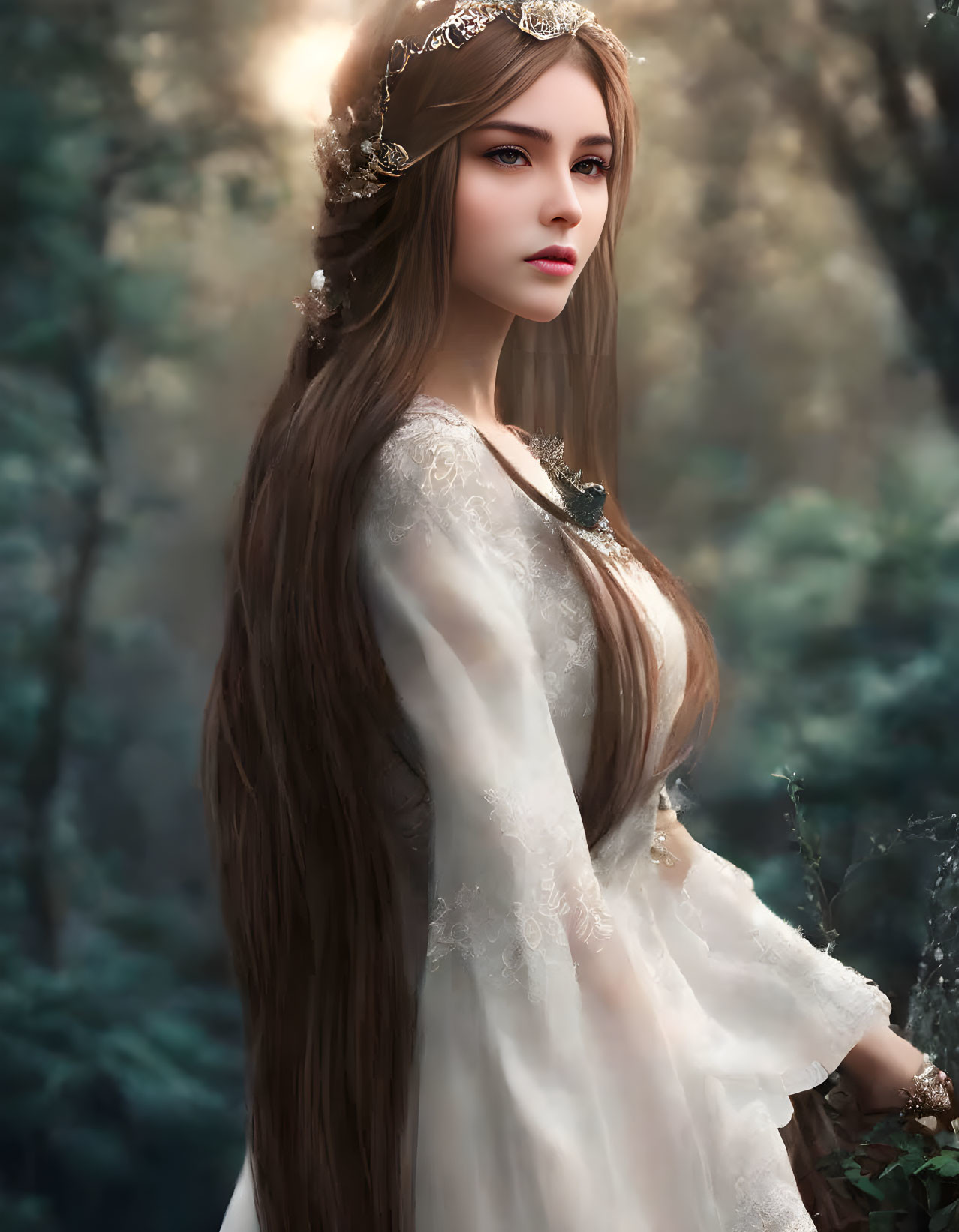 Medieval woman with golden crown in misty forest