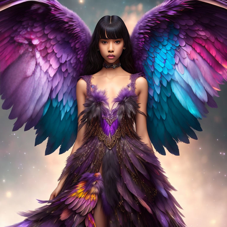 Colorful Bird-Like Wings on Woman in Purple Dress against Celestial Background