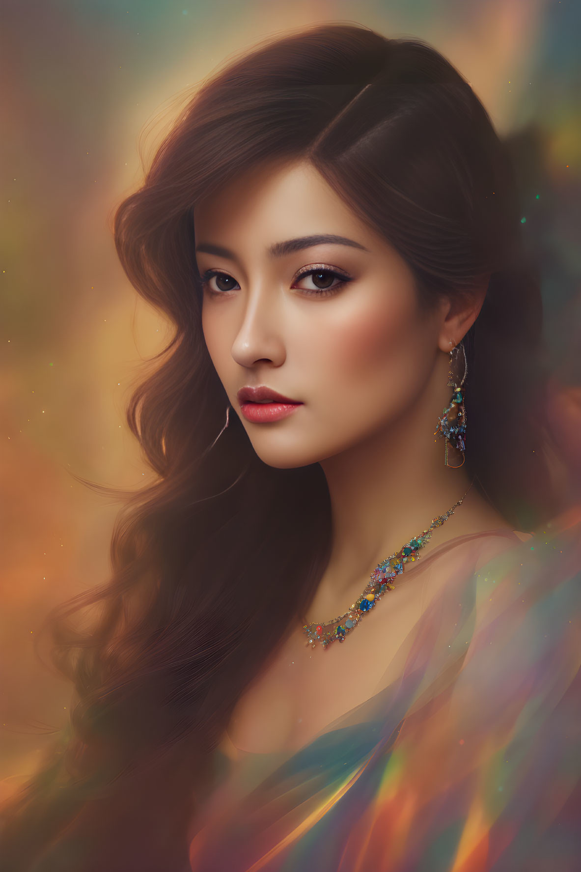 Ethereal digital portrait of a woman with flowing hair and ornate jewelry