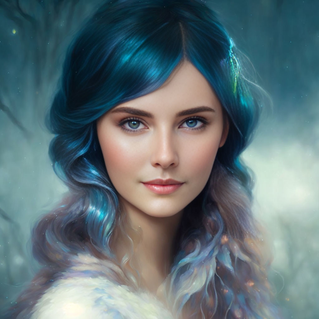 Vibrant blue-haired woman on soft, dreamy backdrop