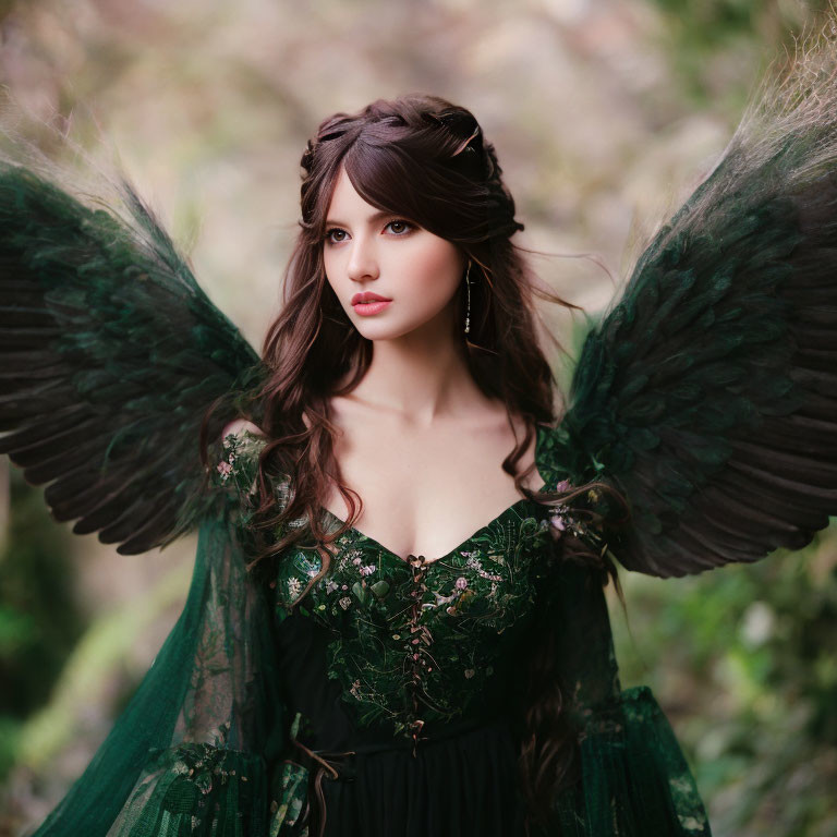 Dark-Haired Woman in Green Dress with Realistic Black Bird Wings