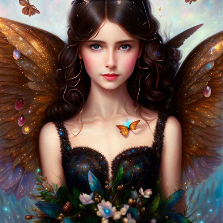 Fantastical female figure with butterfly wings and luminous butterflies in digital art