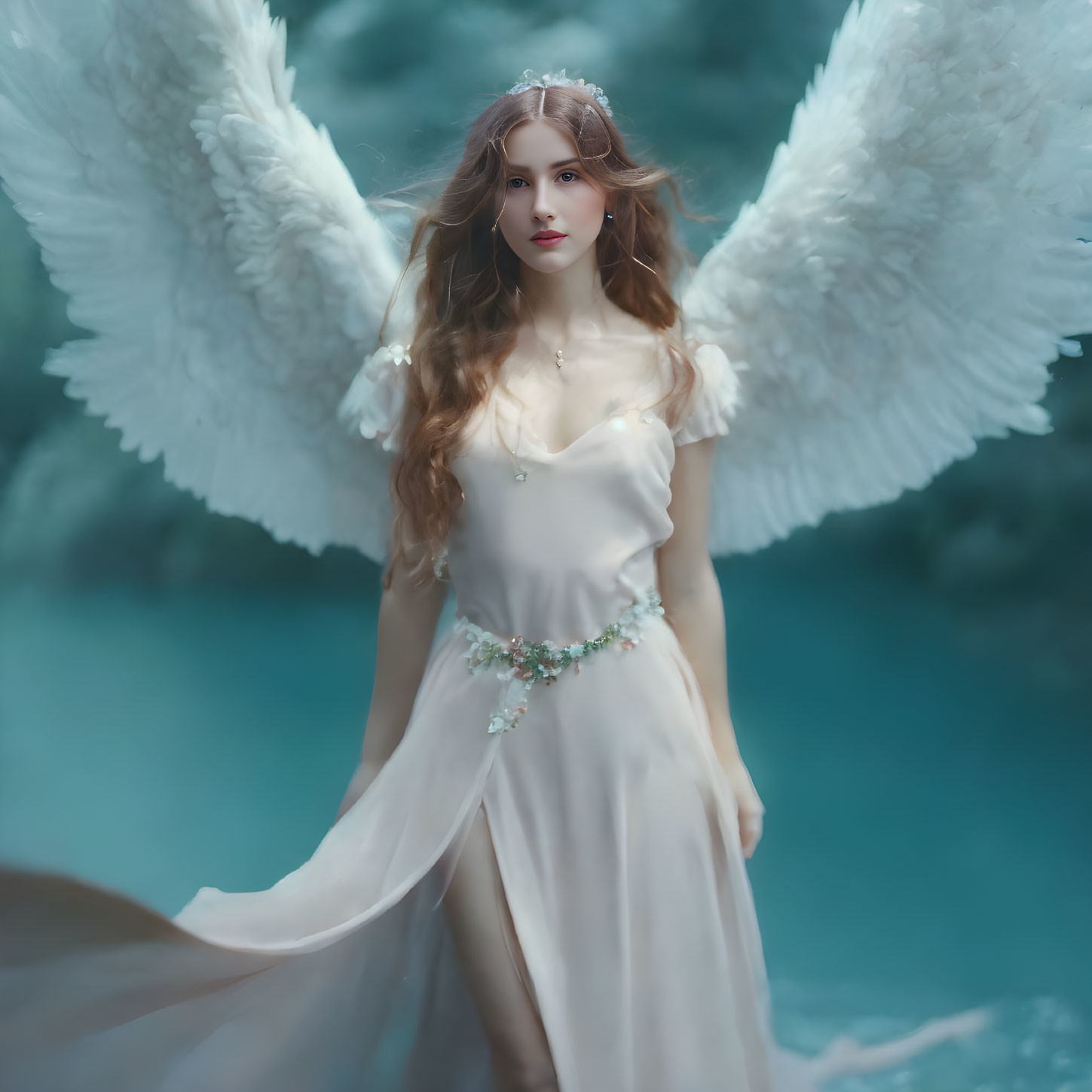 Woman with White Angel Wings in Mystical Blue Forest