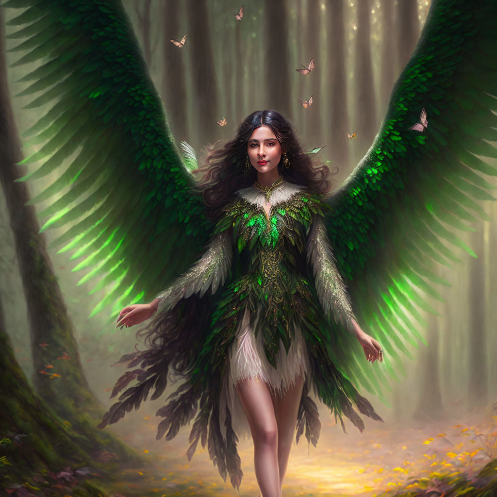 Fantastical creature with green wings in mystical forest surrounded by butterflies