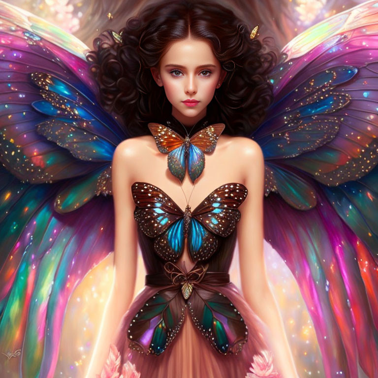 Multicolored digital painting of woman with butterfly wings in whimsical setting