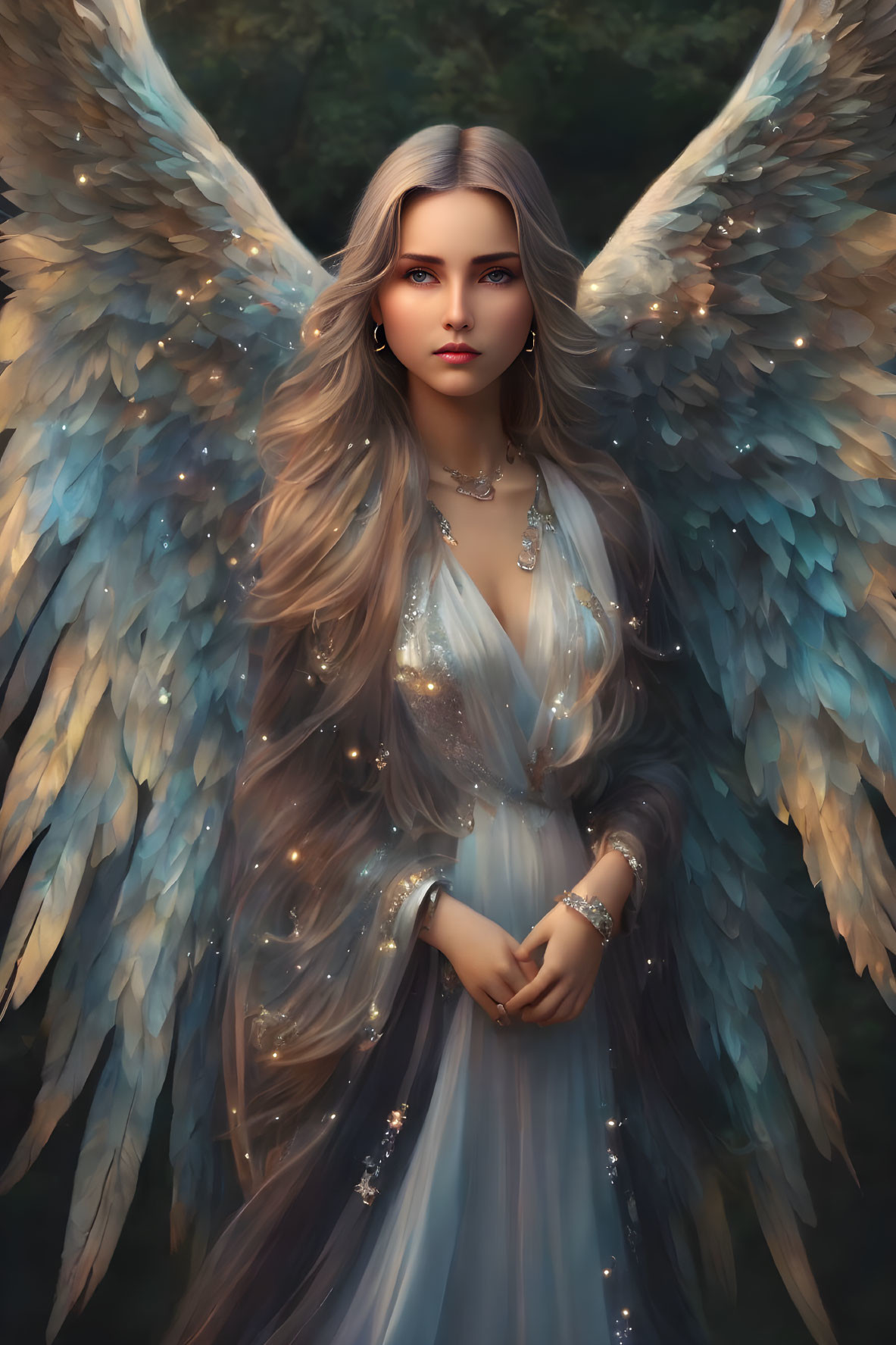 Detailed digital artwork: Angelic figure with large wings in elegant dress, enchanted forest backdrop