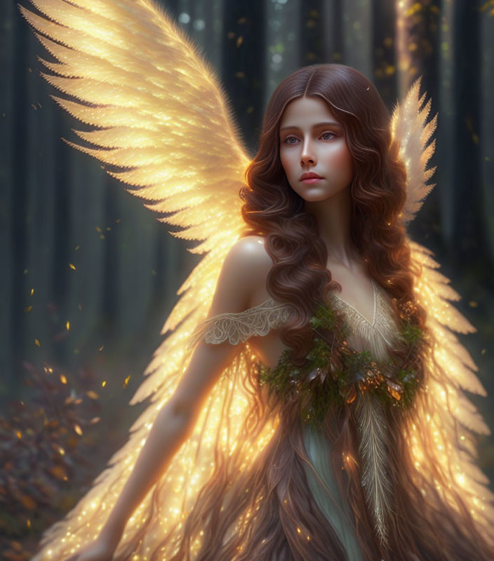 Glowing winged female figure in mystical forest