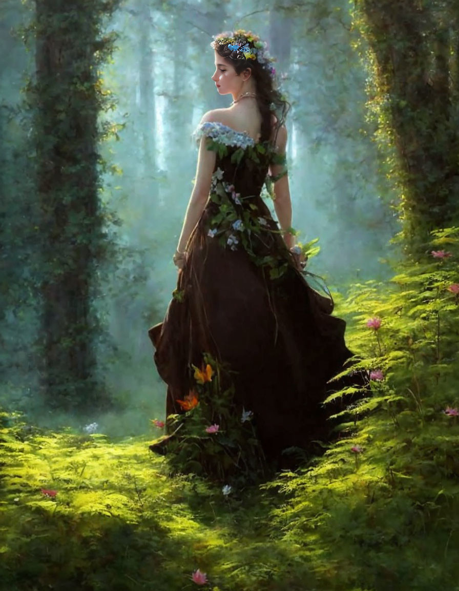 Woman in elegant dark dress surrounded by flowers in sunlit forest glade