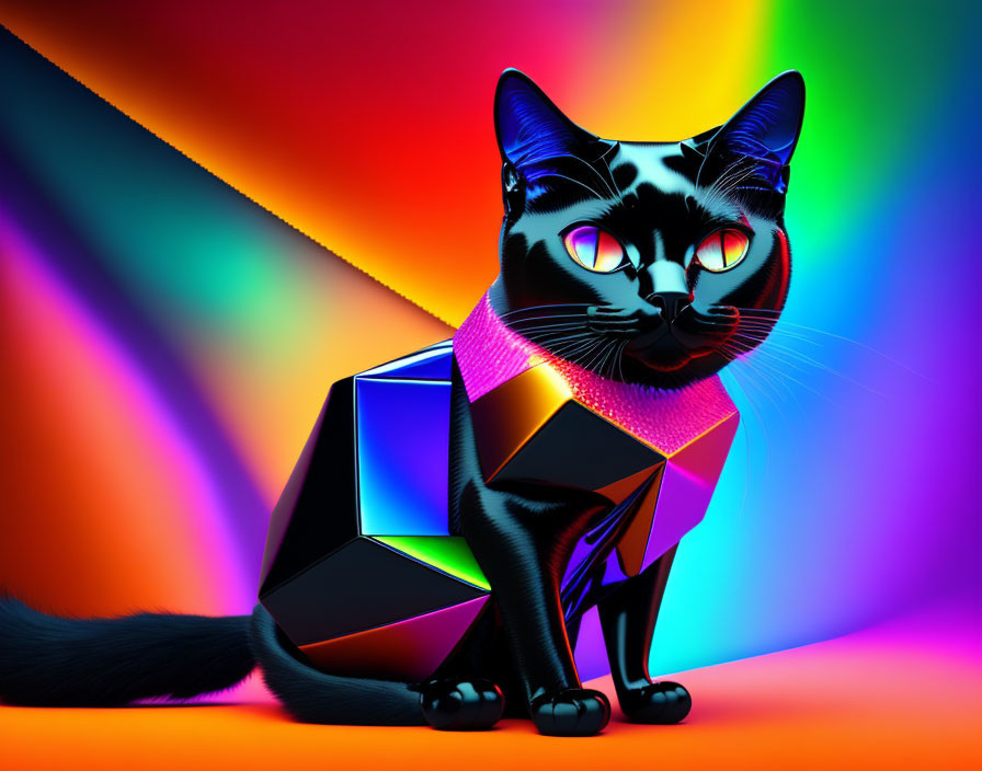 Geometric black cat art on rainbow background