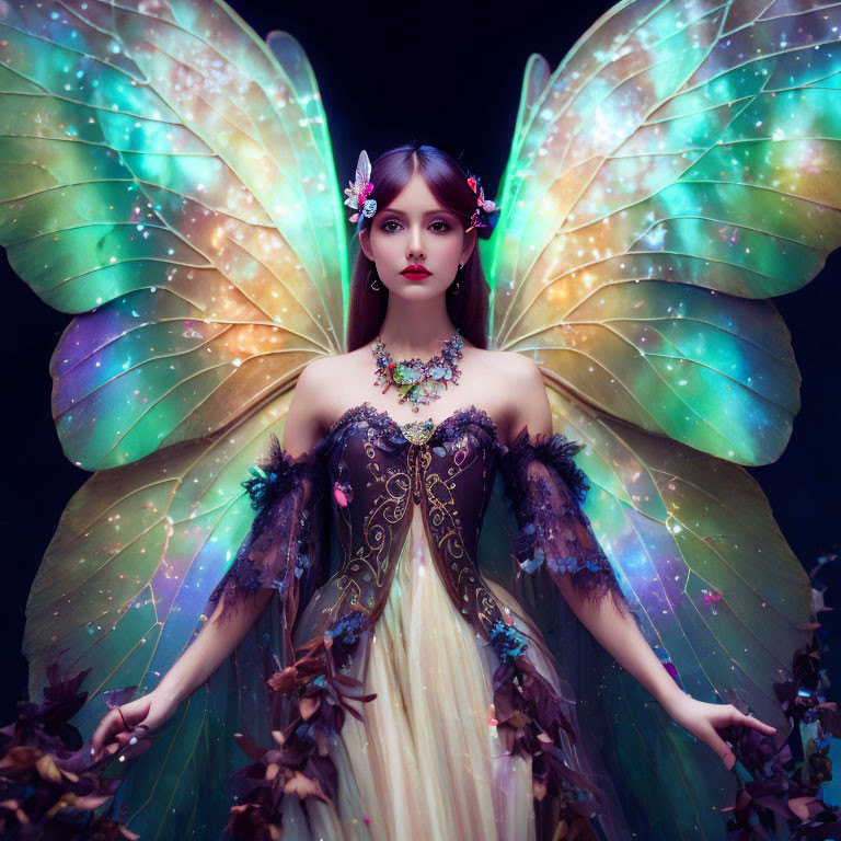 Fantasy character with luminous wings and ornate attire.