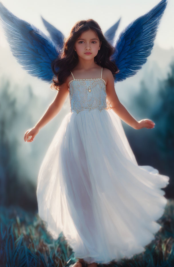 Young girl with dark hair in white dress and blue wings in mystical forest setting.