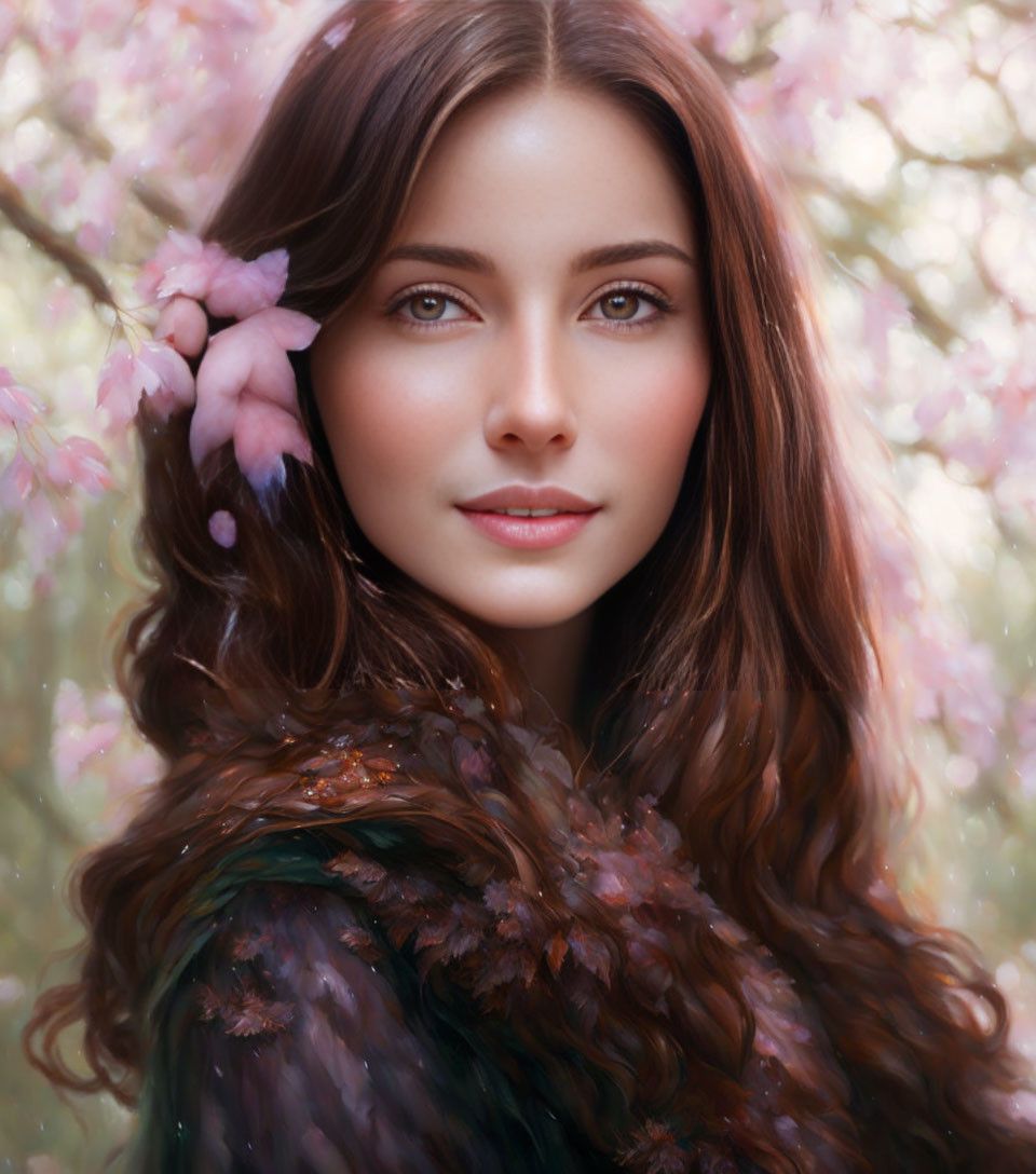 Woman with Long Wavy Hair in Feathered Garment Surrounded by Pink Blossoms