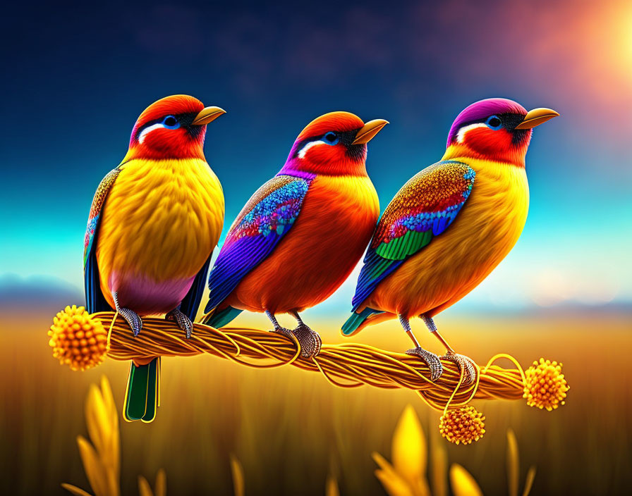 Colorful Birds Perched on Rope with Sunset and Wheat Field