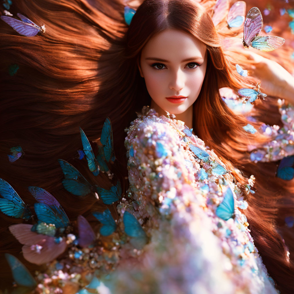 Red-haired woman with butterflies, sequined dress, lying on leaf-covered ground