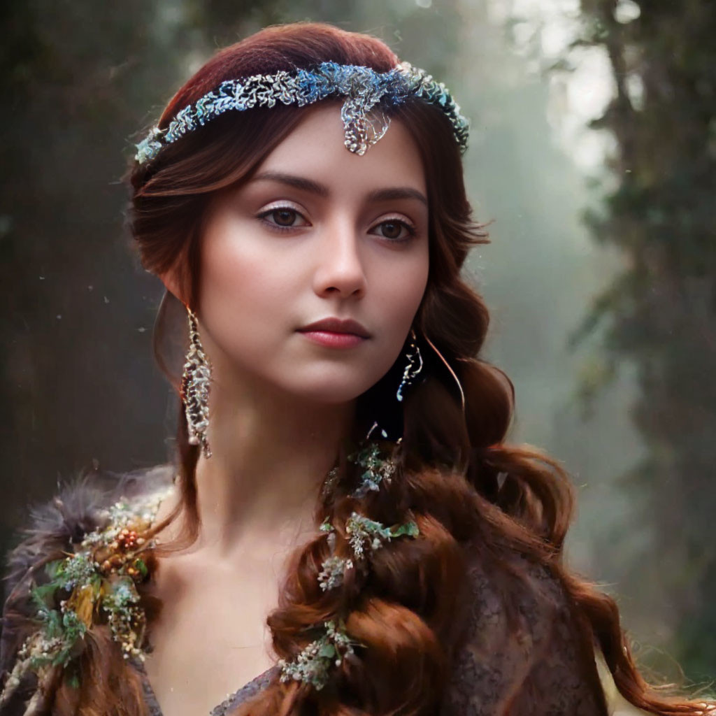 Jewel-embellished woman in fantasy attire with intricate accessories