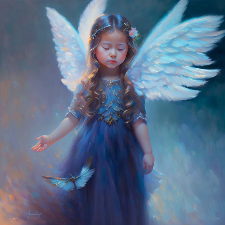 Young girl with angelic wings in blue dress and floral headband in soft, ethereal light with