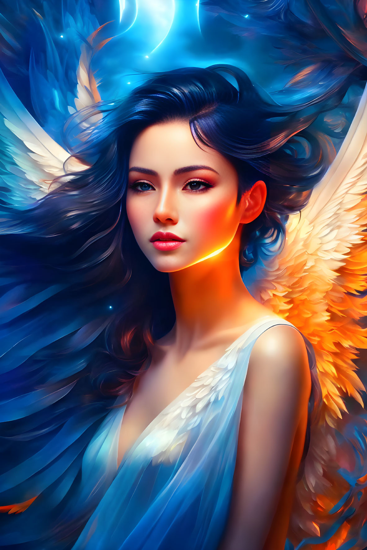 Ethereal woman with angelic wings and blue aura on vibrant backdrop