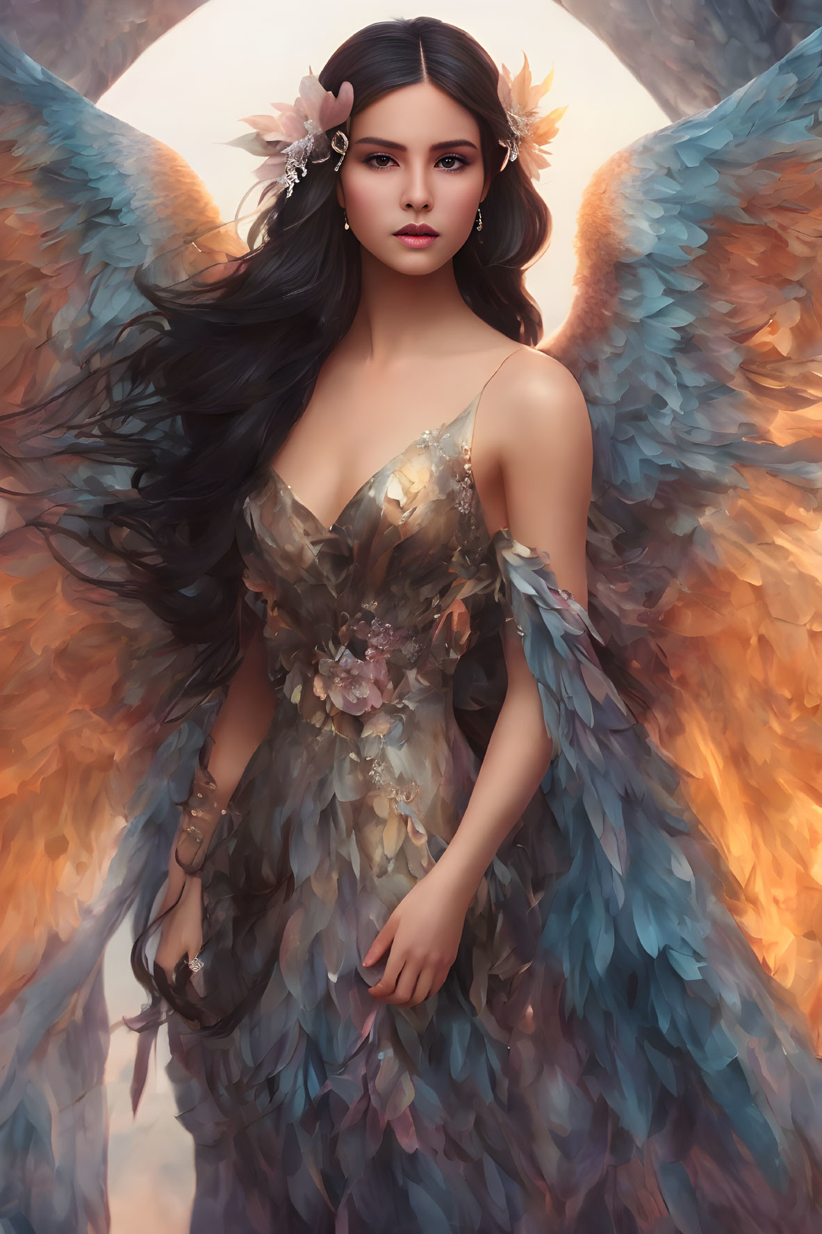 Long-haired woman in floral dress with angel wings in warm glow