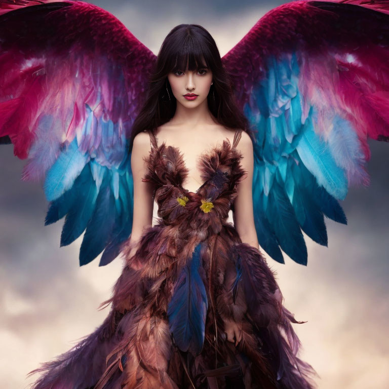 Dark-haired woman in feathered dress with colorful wings against cloudy sky