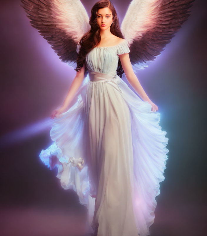 Angel costume woman with large wings in pastel dress on soft purple backdrop