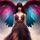 Colorful Bird-Like Wings on Woman in Purple Dress against Celestial Background