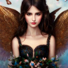 Fantastical female figure with butterfly wings and luminous butterflies in digital art