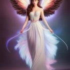 Angel costume woman with large wings in pastel dress on soft purple backdrop