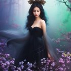 Woman in Black Dress Surrounded by Mystical Forest, Butterflies, and Blooming Flowers