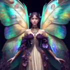 Fantasy character with luminous wings and ornate attire.