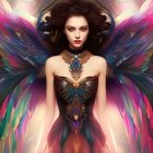 Multicolored digital painting of woman with butterfly wings in whimsical setting