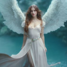 Woman with White Angel Wings in Mystical Blue Forest