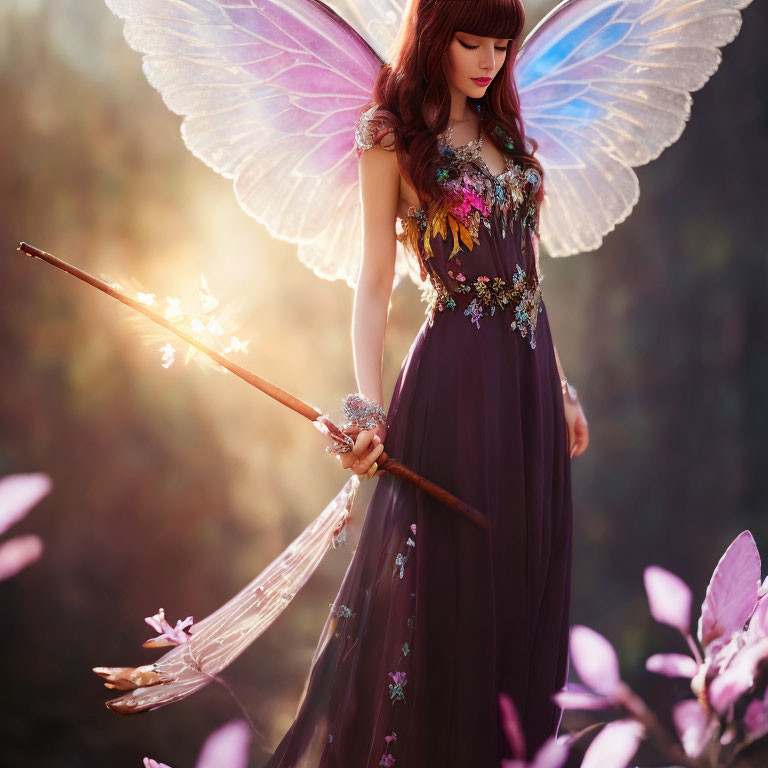 Person in floral dress with pink wings and wand in magical setting among pink flowers