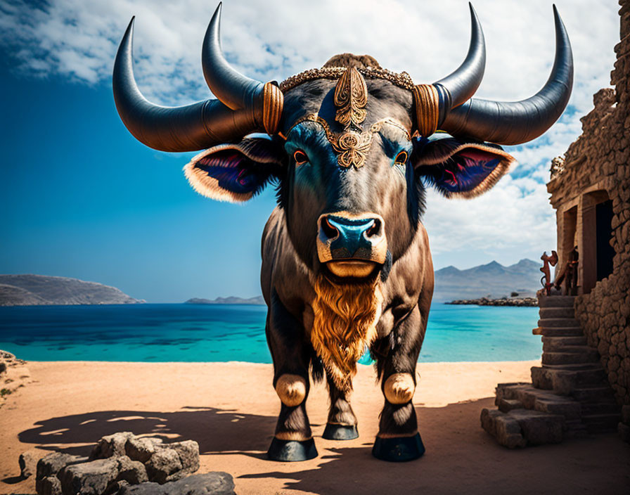 Majestic bull with ornate horns near stone structure by serene sea